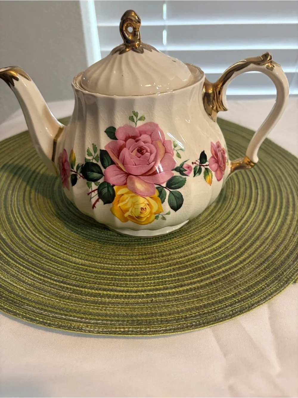 Floral Porcelain Teapot with Pink & Yellow Roses. Sadler England
